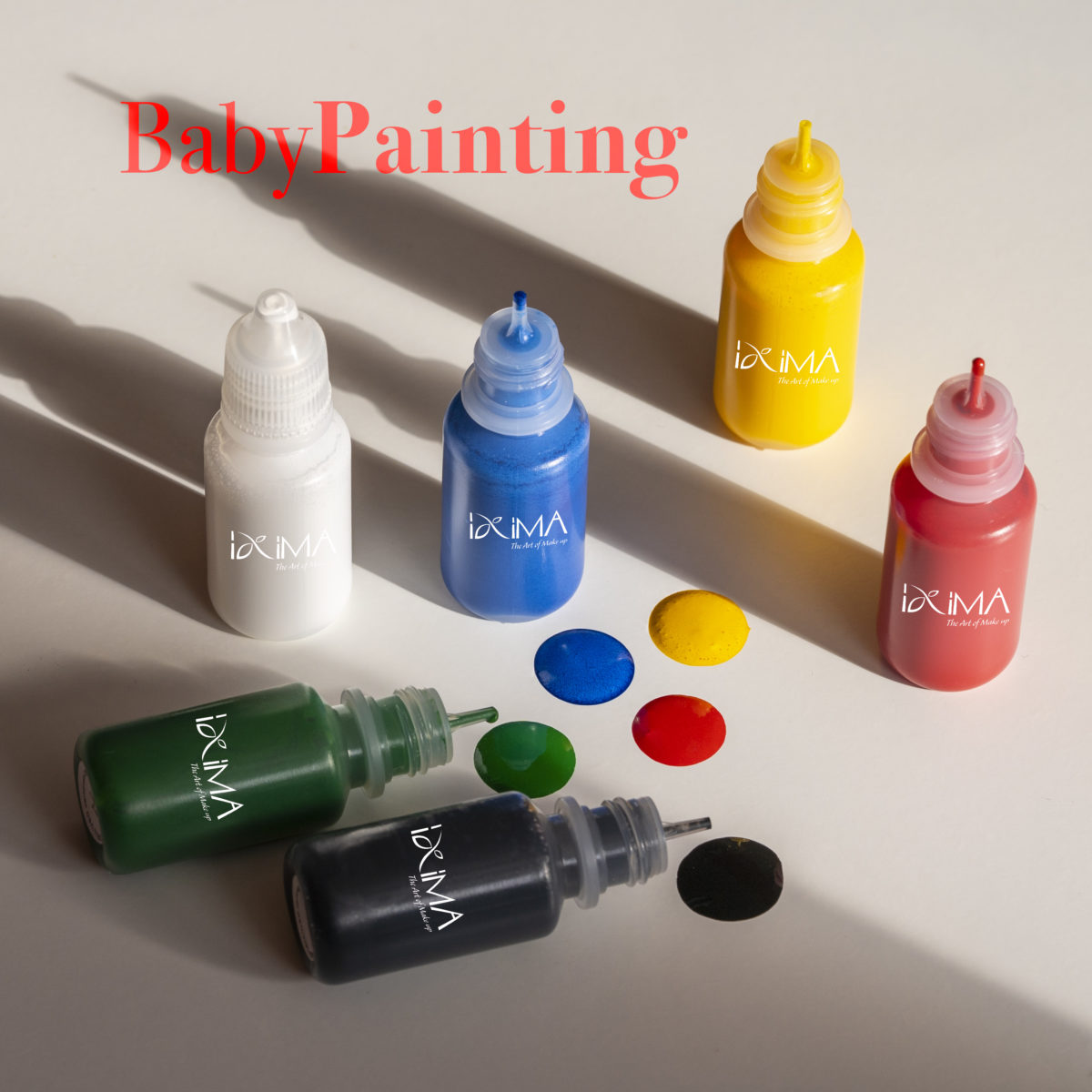 Body painting 5 colori: bianco, azzurro, giallo.rosso, verde e nero. Prodotto liquido, per realizzare disegni sul corpo, fare asciugare.